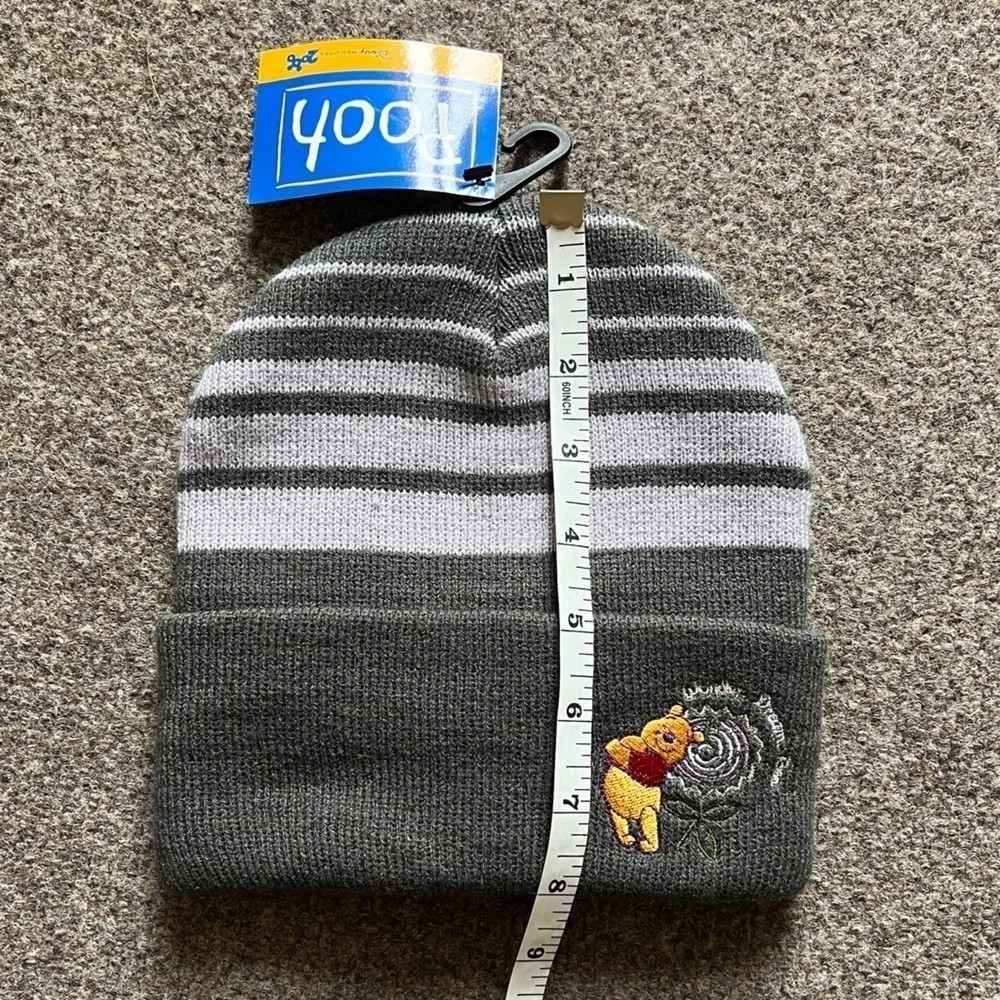 NWT 2000s Vintage Winnie The Pooh Grey Stripe Knit Beanie Embroidered Cuffed Y2K